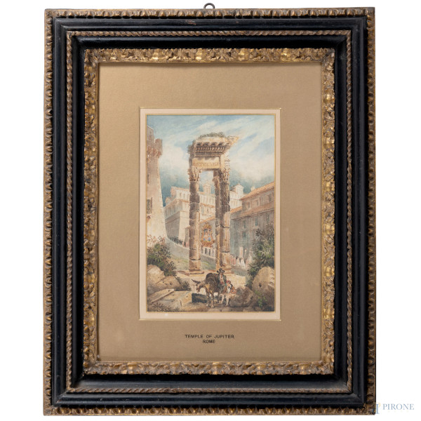 Tempio di Giove, XIX secolo, acquerello su carta, cm 38x28 compreso passepartout, entro cornice