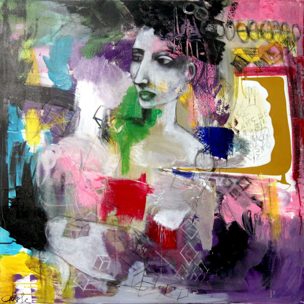 Gemma Spada - Message, tecnica mista su tela, 100x100 cm