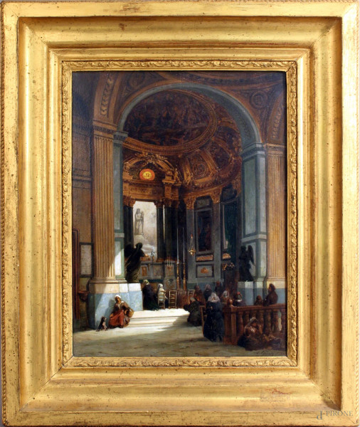 Achille  Pierre Poirot - Interno di chiesa, olio su tavola, cm. 32,5x24,5, entro cornice.