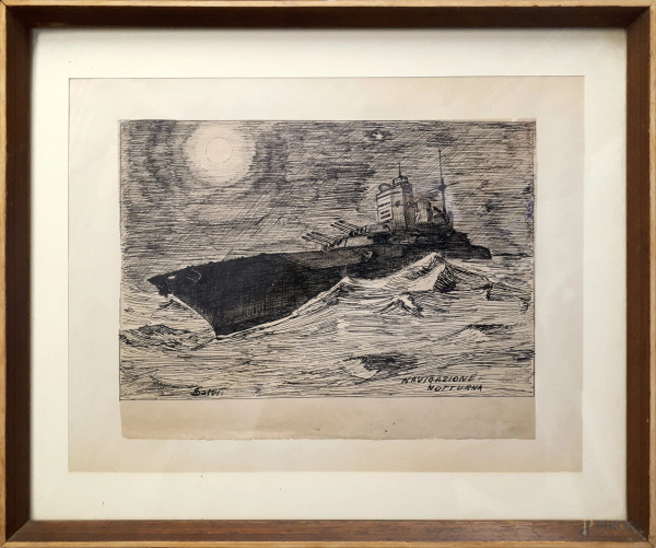Beniamino Salvi (XX sec.) Composizione futurista con nave da guerra, inchiostro su carta, cm 21x28, titolata e firmata, con cornice. Opera ispirata alla Beffa di Buccari capitanata da Gabriele D’Annunzio nel 1918 come da iscrizione riportata al retro
