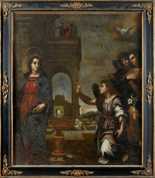Annunciazione da Andrea del Sarto, XVIII secolo, olio su tela, cm 90x75,5,entro cornice, (craquelure, abrasioni, sollevamenti di colore, segni di usura, difetti)