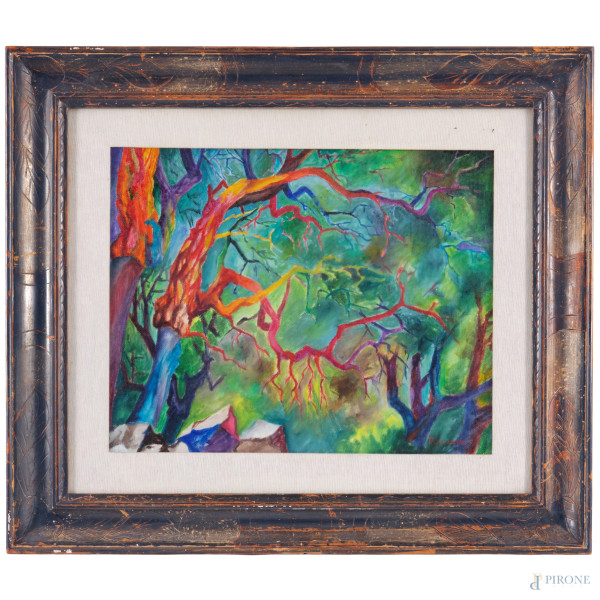 Nel bosco, tecnica mista su tela, cm 40x50, firmato in basso a destra, entro cornice, (ondulazioni della tela)