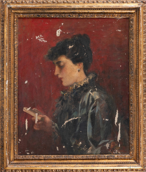 Donna in lettura, XIX secolo, olio su tela, cm 64,5x51, entro cornice (segni di usura, difetti, abrasioni, lacerazioni, cadute di colore)