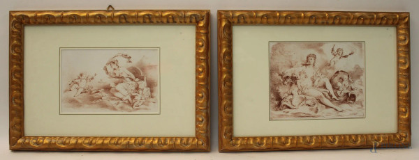 Scene allegoriche, coppie incisioni dal Boucher, cm 16x20, entro cornice.