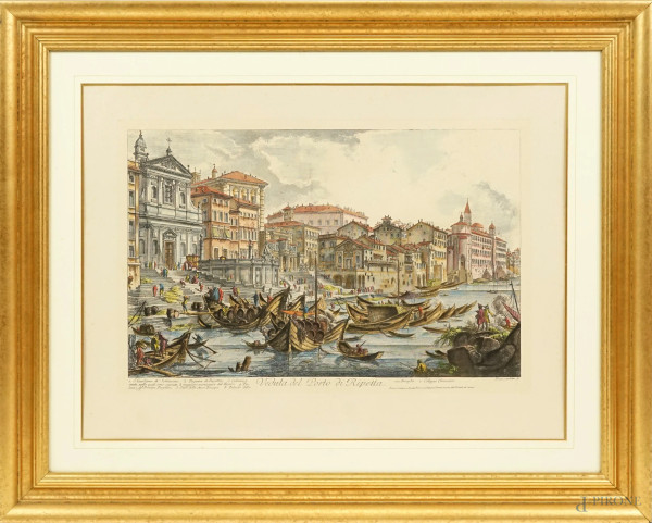 Veduta del Porto di Ripetta, stampa acquerellata, cm 65x85, XX secolo, entro cornice.