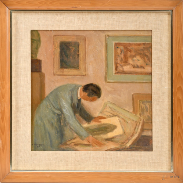 Interno di bottega, XX secolo, olio su tavoletta, cm 37,5x37,5, firmato e datato "Codino 64" in basso, entro cornice