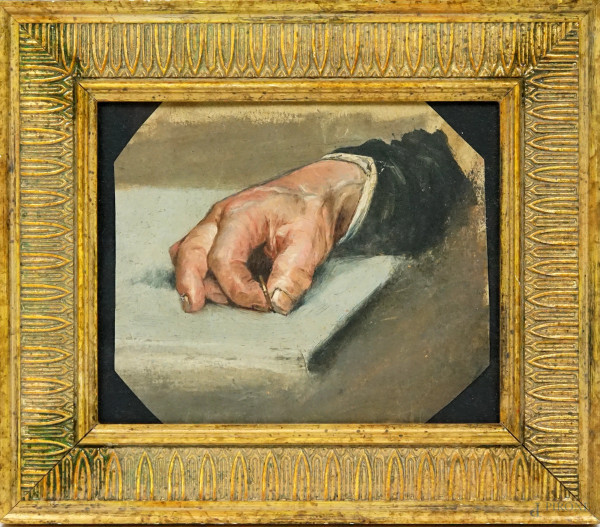 Artista del XIX secolo, Studio di mano, olio su carta, cm 20x21,5 circa, entro cornice.