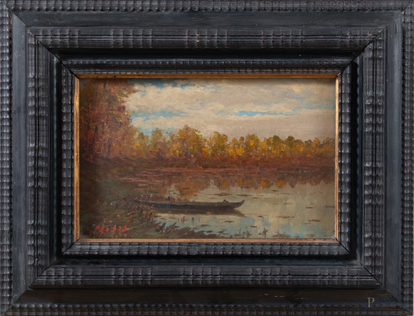 Scorcio lacustre, XX secolo, olio su cartone, cm 21,5x33,5, firmato in basso a sinistra, entro cornice, (segni di usura, abrasioni, craquelure)