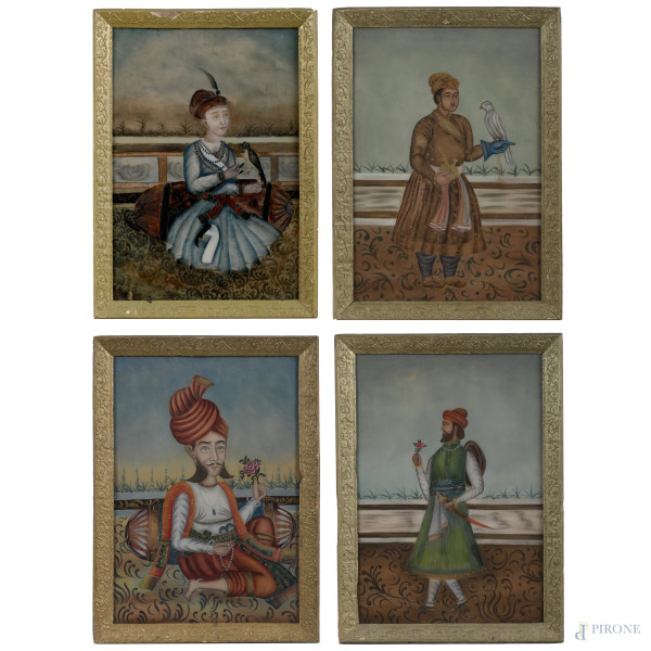 Lotto di 4 dipinti sottovetro rappresentanti figure mediorientali, XX secolo, cm 47,5x33, entro cornice, (segni di usura, cadute di colore, difetti)