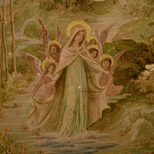 Fons Pacis, tecnica mista su cartone pressato centinato, cm 28x14, firmato in basso, al retro fir...