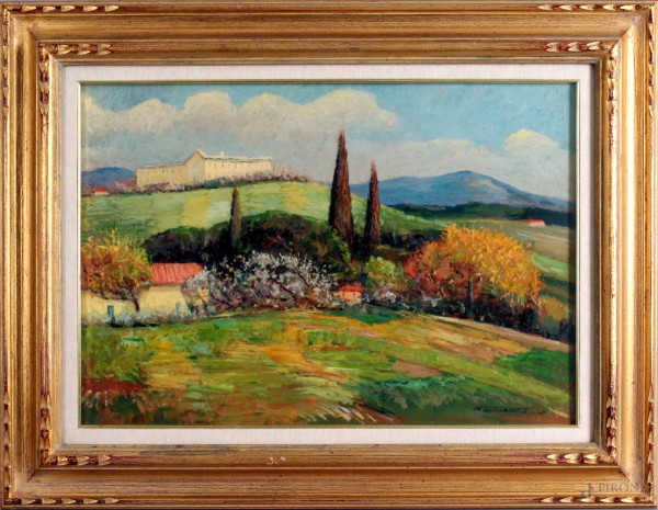 Nello  Giovannelli - Paesaggio toscano, olio su tavola, cm. 35x50, firmato Nello Giovannelli.