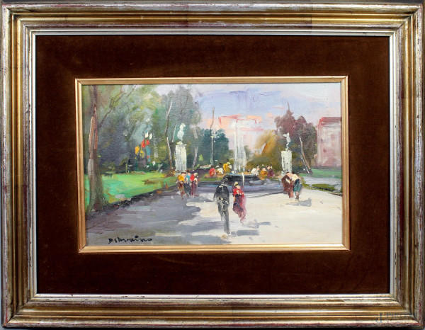 Scorcio di strada con figure, olio su tavola 23,5x36cm, firmato Di Marino, entro cornice.