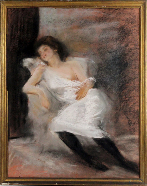 Ritratto di donna sdraiata, pastello su carta, cm 62x47, firmato, entro cornice