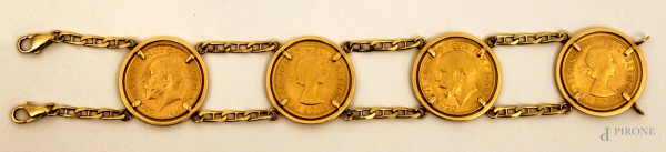 Bracciale in oro 18 kt, con quattro sterline, gr, 47.