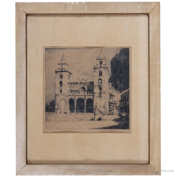 Bruno Croatto (1875-1948), Duomo di Cefalù, acquaforte, cm 58,5x47,5 compreso passepartout, firmato in basso a sinistra, es 20/25, entro cornice (ondulazioni della carta)