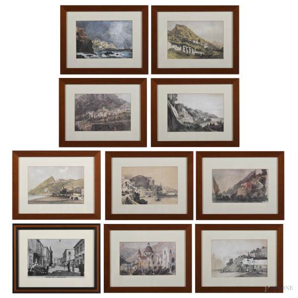 Lotto di 9 stampe con vedute e 1 stampa raffigurante fotografia di Nocera Inferiore, misure massime cm 28,5x37,5 compreso passepartout, entro cornice, (segni di usura)