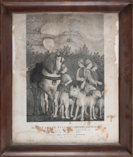 Luigi Antoldi (XIX sec.), Camera degli Sposi, litografia, cm 65x52,5, entro cornice, (difetti, tracce di umidità, foxing, gore, mancanze, rotture, segni di piegatura)
