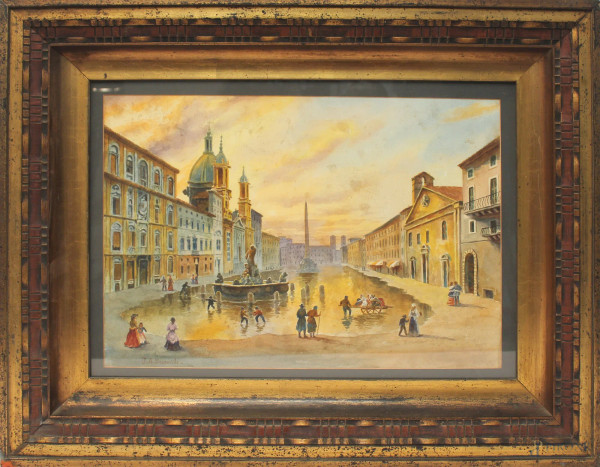 Piazza Navona con figure, acquarello su carta, cm 34x50, firmato, entro cornice.