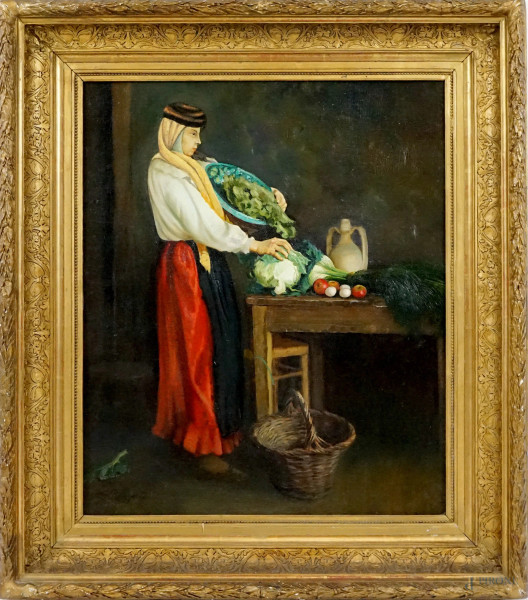 Contadina con verdura, olio su cartone telato, cm 67x55,5, XIX secolo, entro cornice.