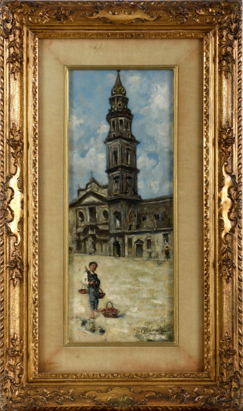 Francesco Tessitore, Piazza con campanile e figura, olio su tela, cm 42x16,5, firmato e datato 1900 in basso a destra, entro cornice