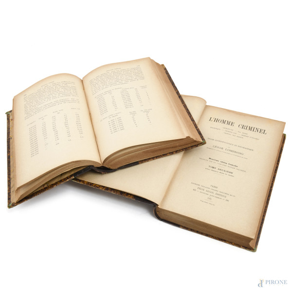 C. Lombroso, L'homme criminel, (ed. francese), 2 voll. (tomo I e tomo X), Parigi 1895, (segni di usura, strappi, difetti)