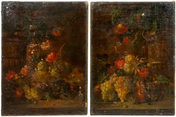 Pittore del XIX secolo, Coppia di nature morte, olio su tela, cm40x30, (difetti, cadute di colore)