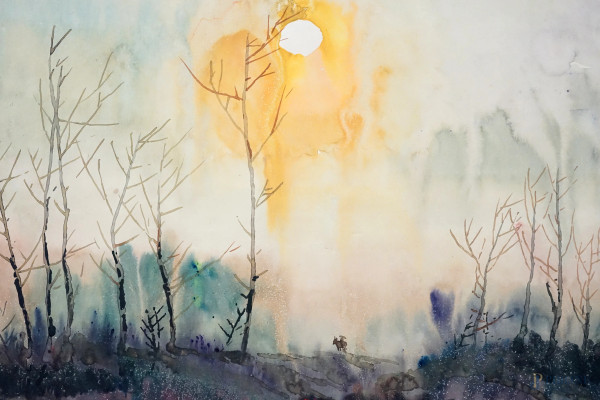 Artista del XX secolo, Tramonto autunnale, acquarello su carta, cm 50x65, siglato, entro cornice.