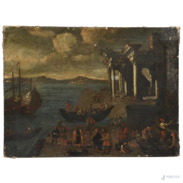 Paesaggio portuale con figure, XVII-XVIII secolo, olio su tela, cm 39x53, (abrasioni, sollevamenti e cadute di colore, craquelure)