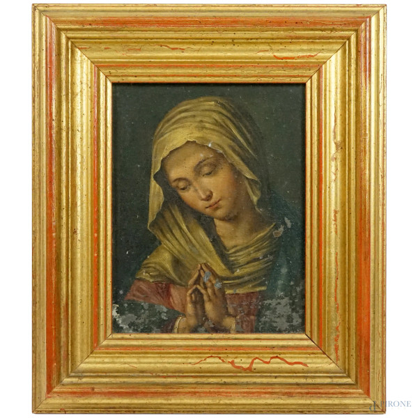 Pittore del XIX secolo, Vergine in preghiera, olio su zinco, cm 20x16, entro cornice