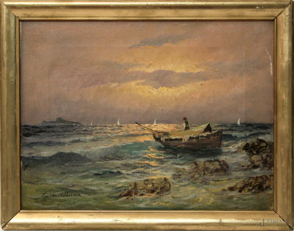 Marina con barca e pescatore, olio su tela, cm 30x40, entro cornice.