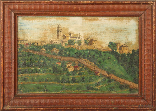 Veduta di paese, dipinto ad olio su cartone telato, cm. 19x29, entro cornice.