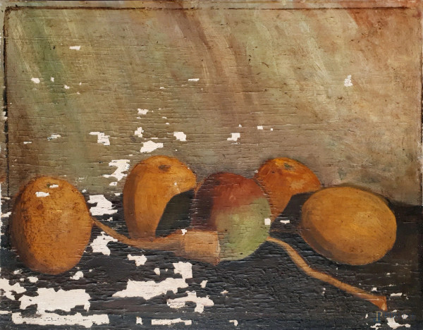 Maestro del Novecento, Natura morta con frutta, olio su tavola, alcune cadute di colore, cm 40x50