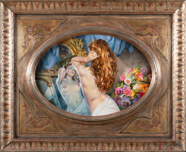 Alessandro Biffagni, Donna allo specchio, tecnica mista su carta applicata su cartone a serto ovale, cm 48x68, firmato in alto a sinistra, entro cornice cm 89,5x108