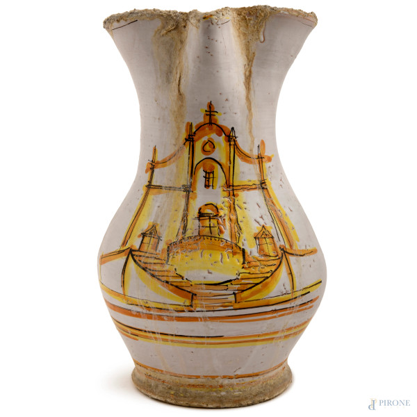 Versatoio in terracotta smaltata e dipinta a fondo bianco raffigurante chiesa, XX secolo, iscritt...