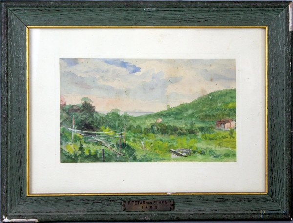 P.Tetar Van Elven ( attribuito), Paesaggio, acquarello su carta 14x24 cm, entro cornice.
