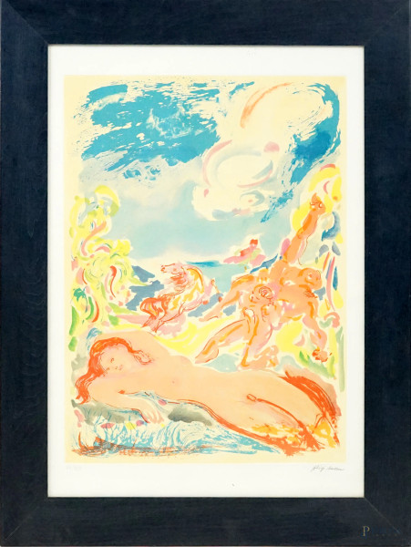 Aligi Sassu - Eione. La dea della spiaggia, litografia a colori, cm 74x52,5, es. 64/125, entro cornice.