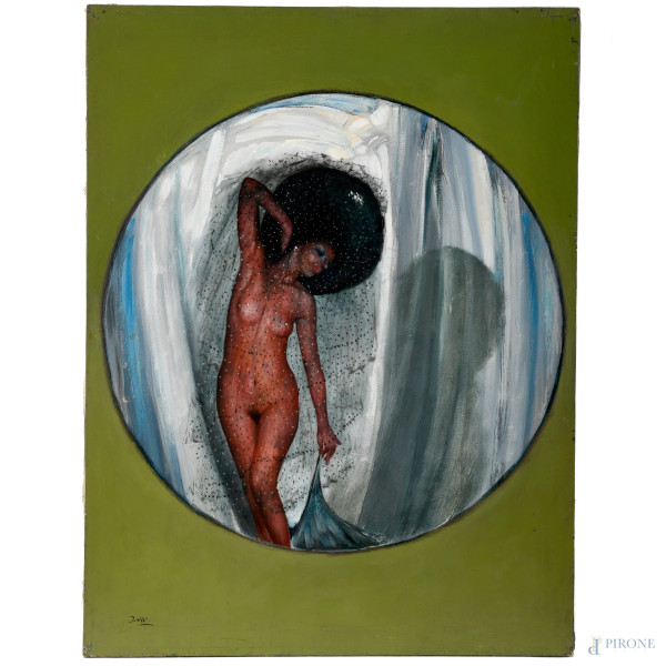 Mario Russo, Strip-Tease n.10 , olio su tela, firmato in basso a sinistra, cm 60x80