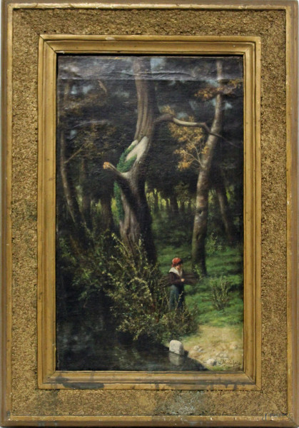Scorcio di bosco con figura, olio su tela cm. 58x34, recante firma E. Monteforte, entro cornice.