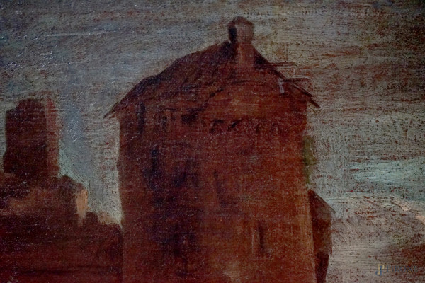 Scuola fiamminga del XVII secolo, Scorcio di porto con figure, olio su tela, cm 44,5x66, entro co...
