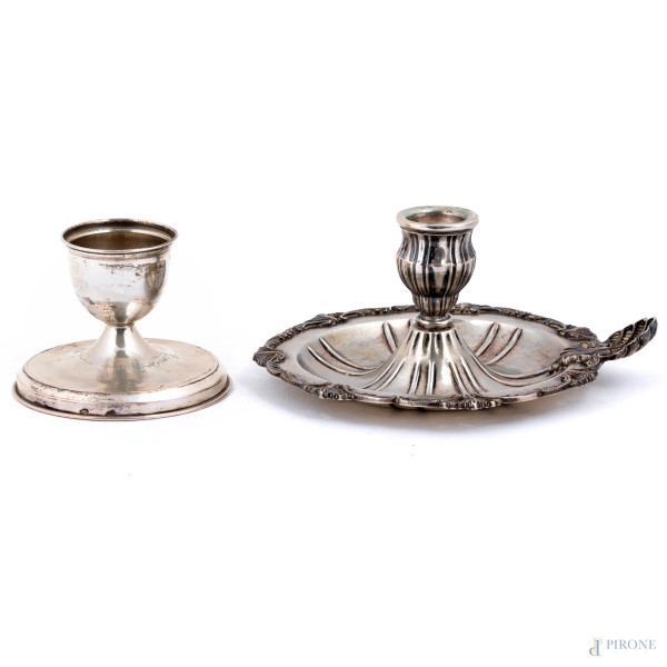 Lotto di una bugia e di un portacandela in argento 800/00, altezza massima 6,5, peso complessivo gr 180