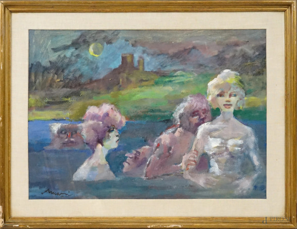 Mino Maccari - Bagno al chiaro di luna, olio su tela, cm 50x70, entro cornice