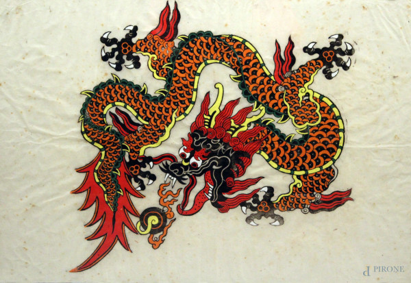Dragone, tecnica mista su carta, 50x70 cm, arte orientale, entro cornice