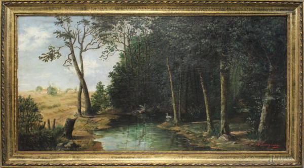 Paesaggio boschivo con ruscello ed anatre, olio su tela, cm 59x116,5, firmato A.Campriani, entro cornice.