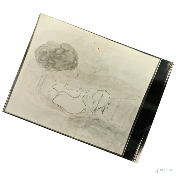 Paesaggio con mucche, tecnica mista su cartone, cm 45x70, entro cornice. In allegato autentica su...