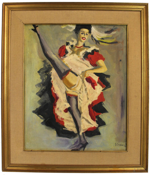 Ballerina di can can, olio su tela, cm 55 x 45, firmato Simbari, entro cornice.