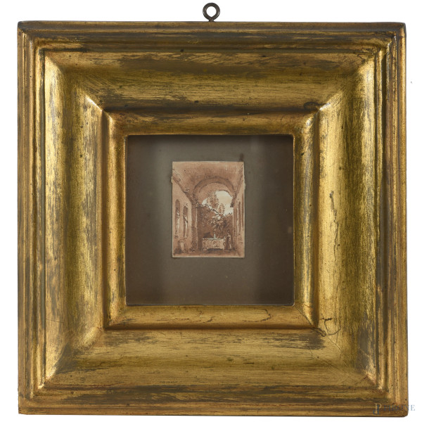 Interno di chiostro, tecnica mista su carta, cm 7x5 entro cornice, XIX secolo