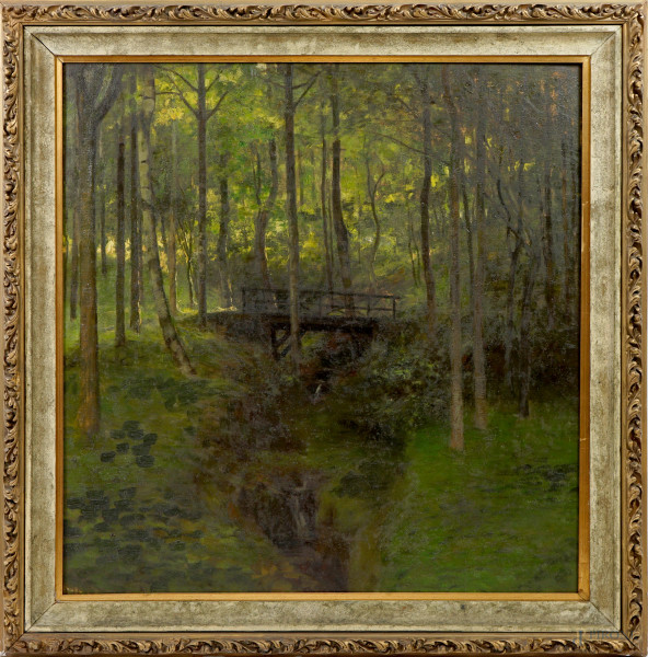 Attr. a Cesare Bertolotti (1854-1932), Bosco, olio su tela, cm 100x97,5, entro cornice