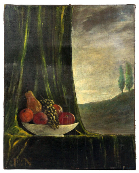 Natura morta con frutta, olio su tela, cm 81x65,5, siglato, (difetti).