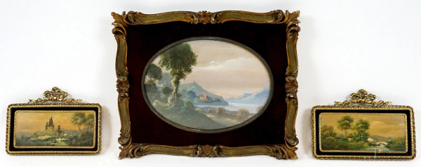 Lotto di tre miniature dipinte ad olio raffiguranti paesaggi, supporti diversi, misure max cm 17x24, entro cornici in legno e metallo dorato