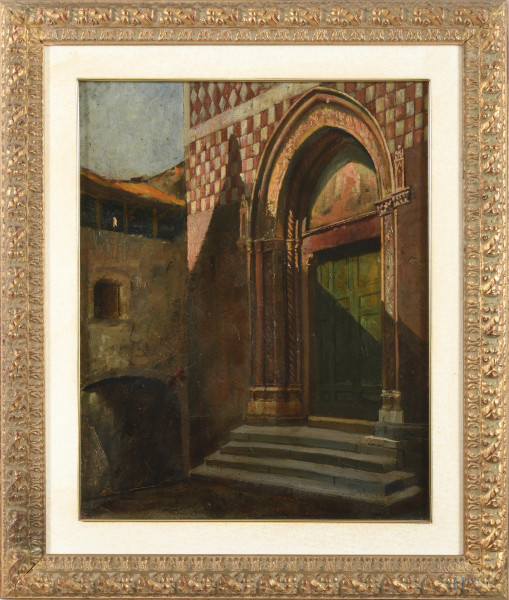 Facciata architettonica, XIX-XX secolo, olio su tela, cm 49x39, (lievi segni di usura)